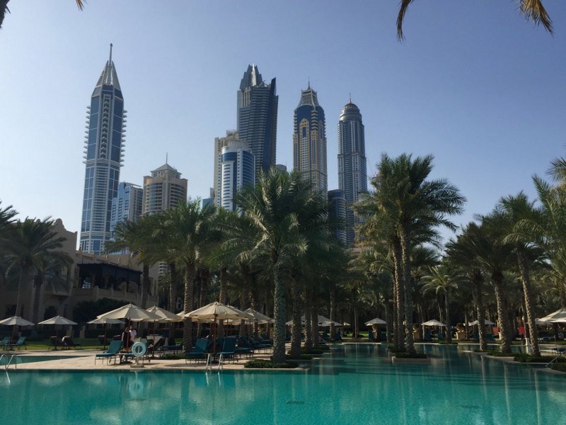 View of Dubai from pool of One & Only Royal Mirage hotel